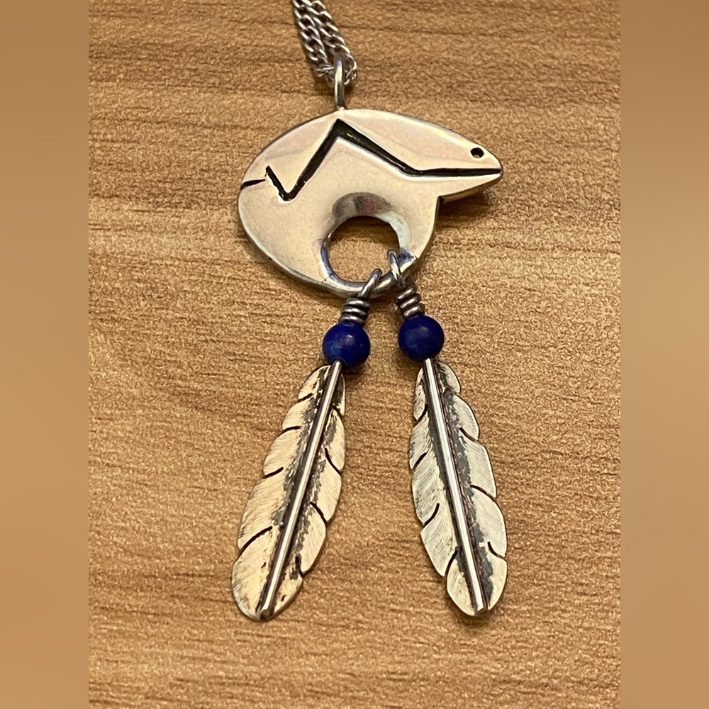 Isleta Pueblo sterling silver lapis bear necklace with feathers